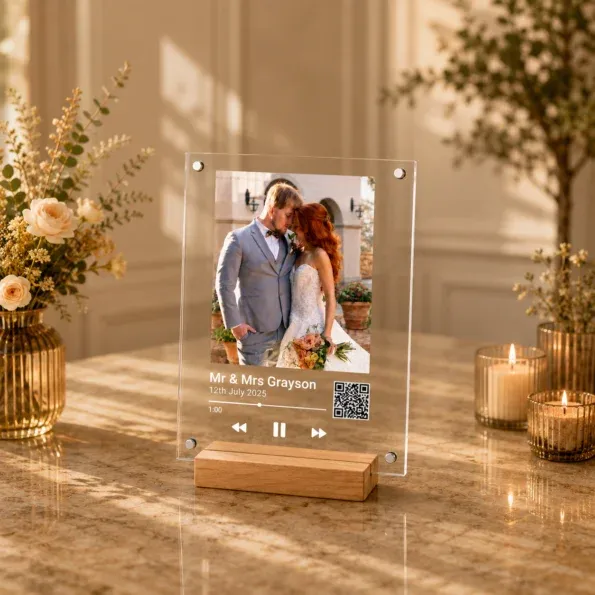 Personalised wedding photo plaque with QR code